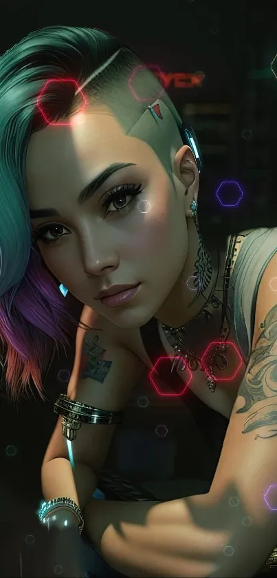 Futuristic neon cyberpunk portrait with geometric elements.