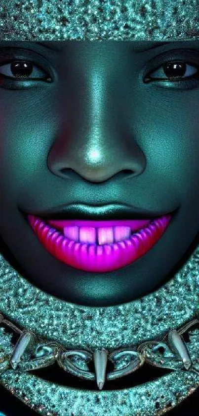 Futuristic neon portrait with metallic details and vibrant colors.