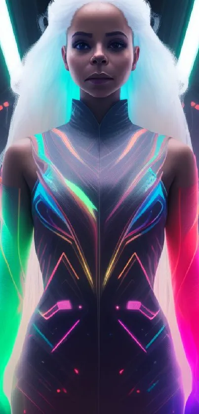 Futuristic neon woman portrait with vibrant colors and digital design.