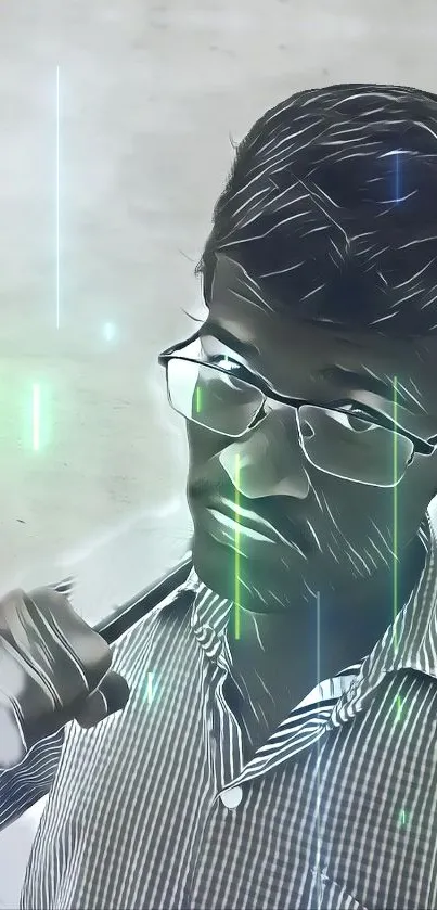 Illustrated futuristic portrait with neon highlights on a gray background.