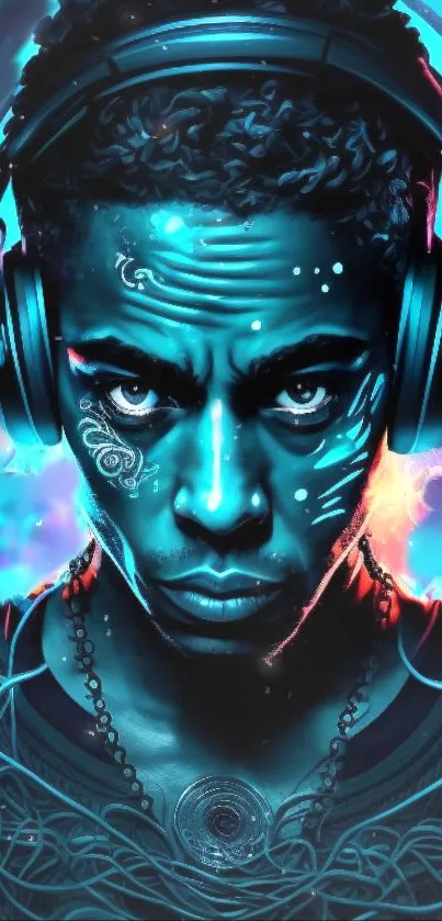 Futuristic neon portrait of a man with headphones, glowing in electric blue.