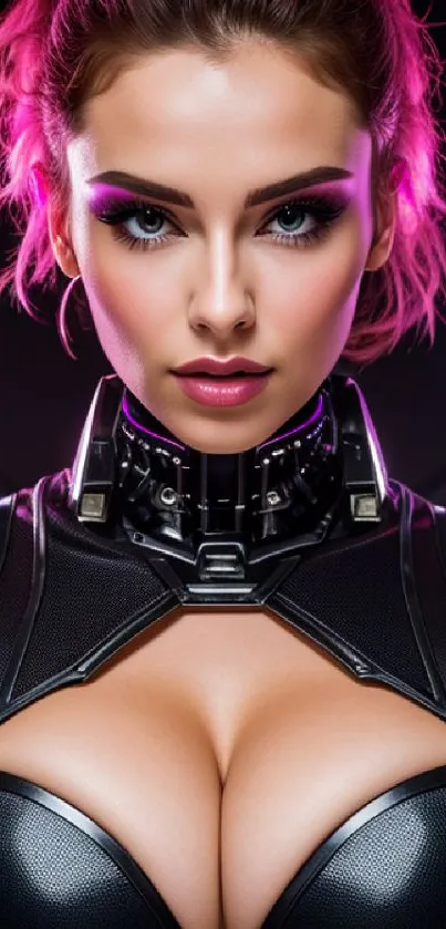 Futuristic neon portrait of a woman with metallic attire and vibrant pink highlights.