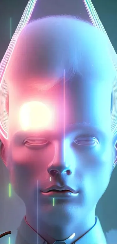 Futuristic neon humanoid face with glowing elements.