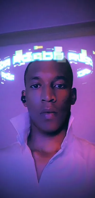 Futuristic neon-themed portrait with purple lighting effects.