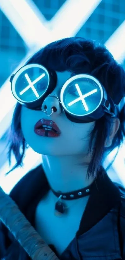 Person wearing glowing neon goggles with a futuristic vibe.