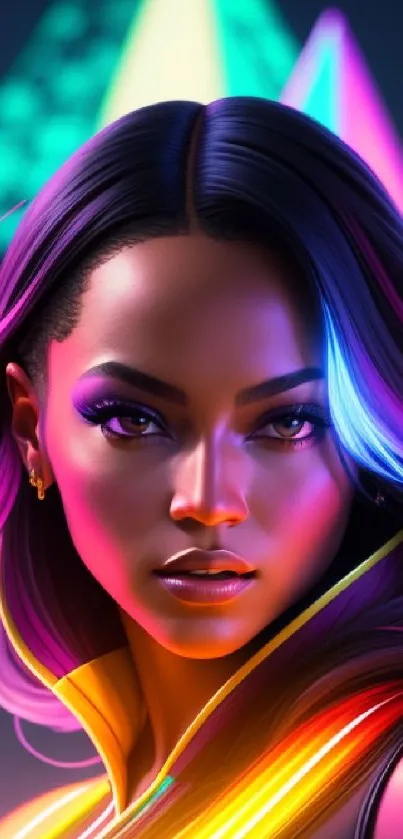 Futuristic neon portrait of a woman with vibrant colors.