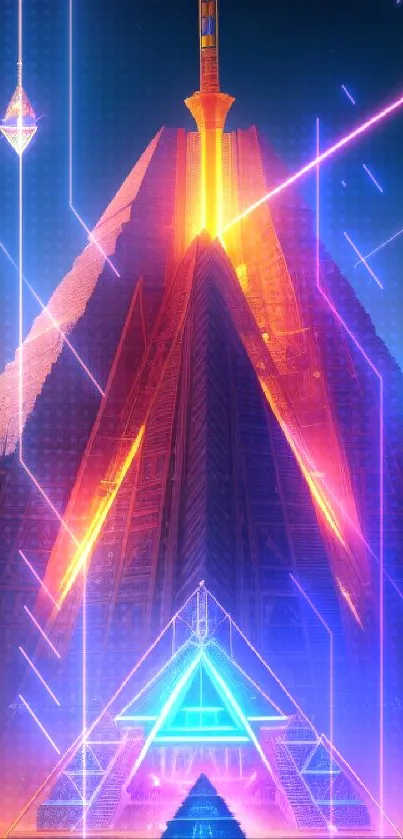 Futuristic neon pyramid art with vibrant colors and geometric design.