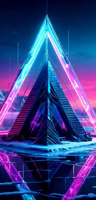 Futuristic neon pyramid in snowy landscape with vibrant colors.