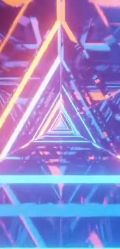 Futuristic neon triangle tunnel with vibrant colors.