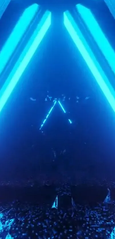 Futuristic neon pyramid wallpaper with blue hues and light patterns.