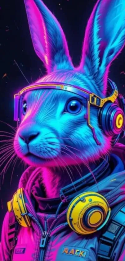 Neon rabbit wearing futuristic headphones in vibrant colors.