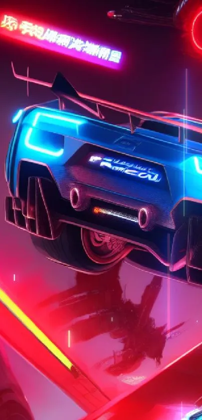 Futuristic neon racecar with vibrant lights against a cyberpunk backdrop.