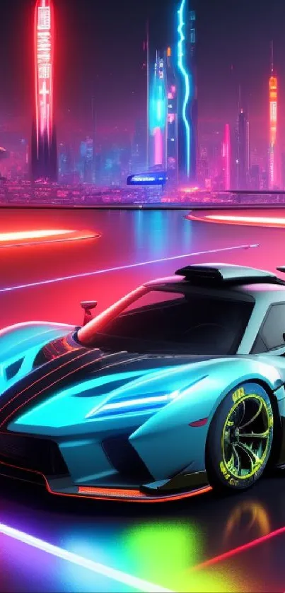 Futuristic neon racing car with a vibrant cityscape background.