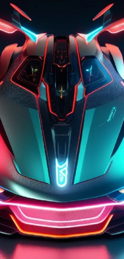 Futuristic neon racing car with vibrant turquoise highlights.
