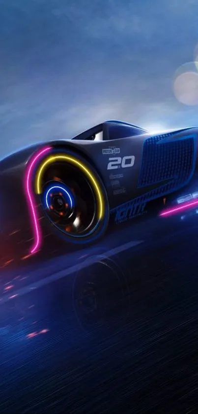 Futuristic neon racing car with vibrant colors on a blue background.