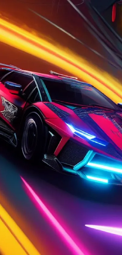 Futuristic car with neon lights racing at high speed in a digital artwork.