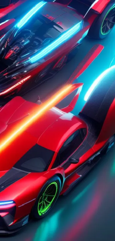 Futuristic neon racing cars in dynamic wallpaper.