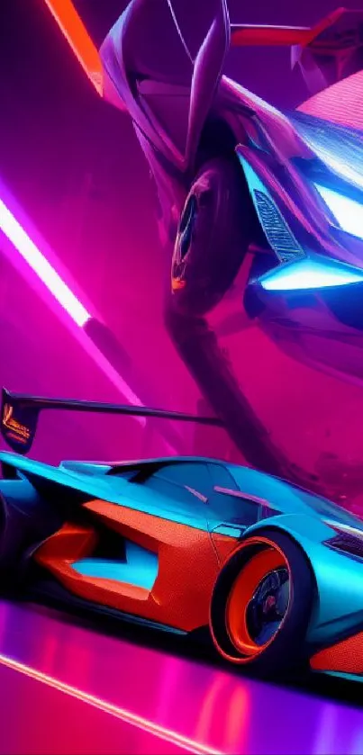 Vibrant neon-lit racing cars with futuristic design in motion.