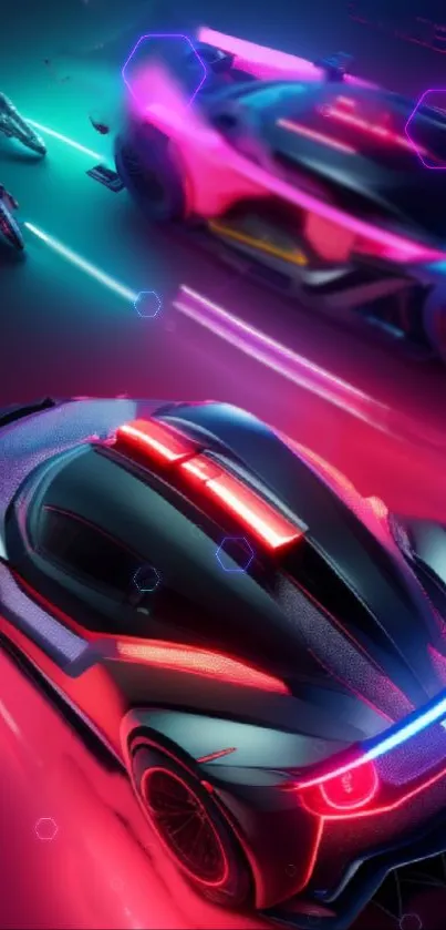 Futuristic neon cars racing in vibrant pink and blue lights.