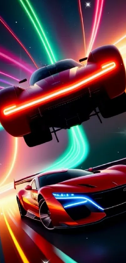 Futuristic cars racing with neon lights in a dynamic mobile wallpaper.