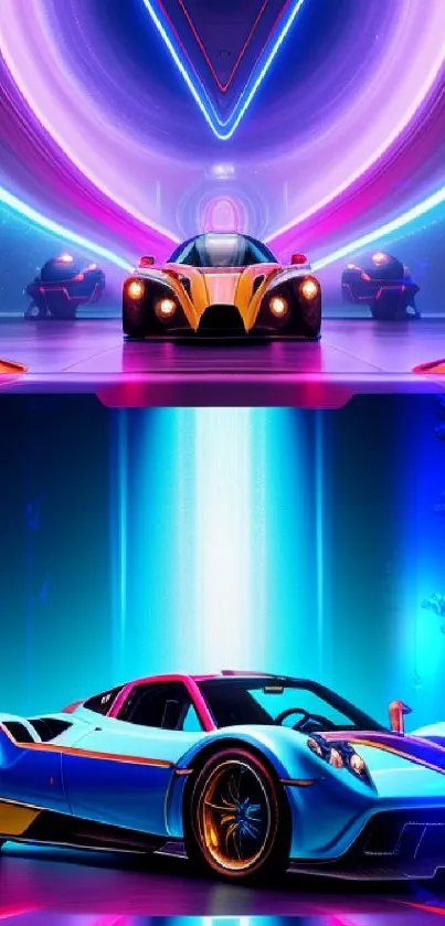 Futuristic neon racing cars with vibrant colors.