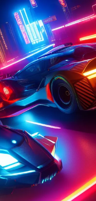 Futuristic neon-lit racing cars in a cyberpunk cityscape with vibrant colors.