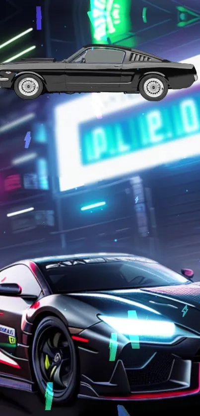 Futuristic neon cityscape with sleek racing cars.