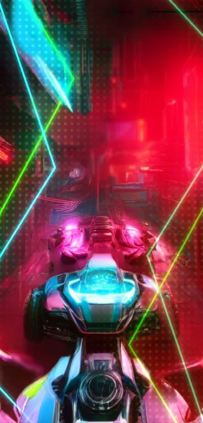 Futuristic neon racing scene wallpaper with glowing cars.