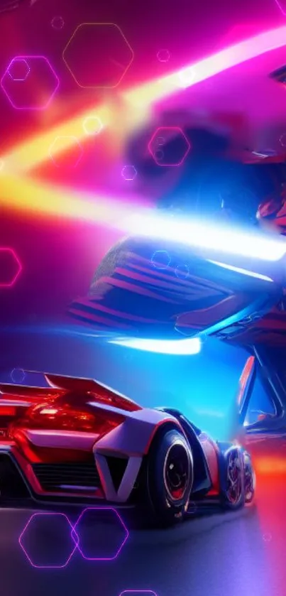 Futuristic car in neon lights racing through a vibrant digital landscape.