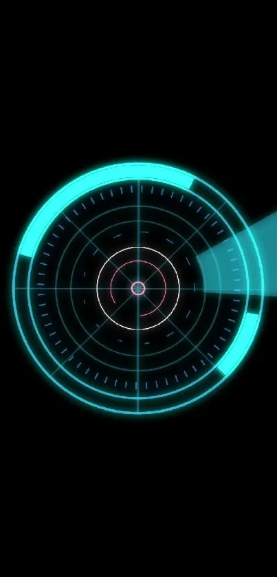 Futuristic radar with a neon cyan glow on a black background.