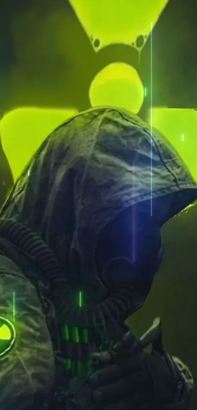 Hooded figure with neon radiation symbol.