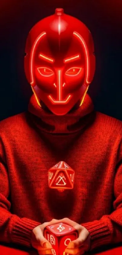 Futuristic neon red wallpaper with glowing mask and tech elements.