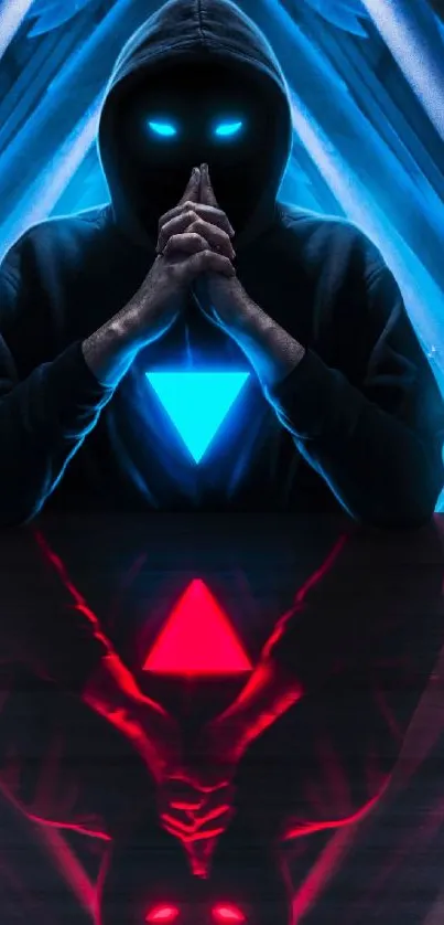 Neon blue and red hooded figure with reflection creating a cyberpunk vibe.