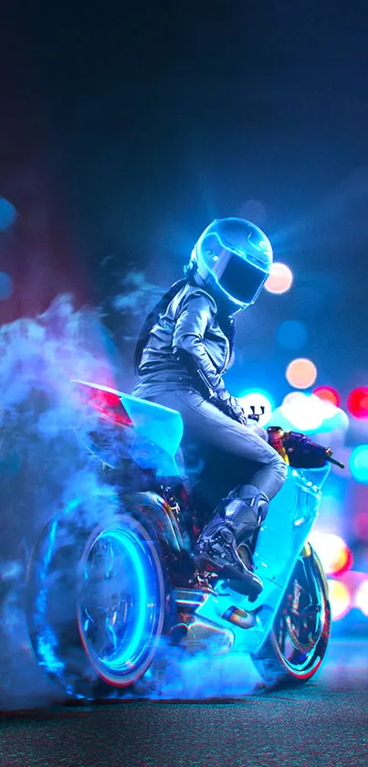 Futuristic neon motorcycle rider with glowing accents in a cyberpunk setting.