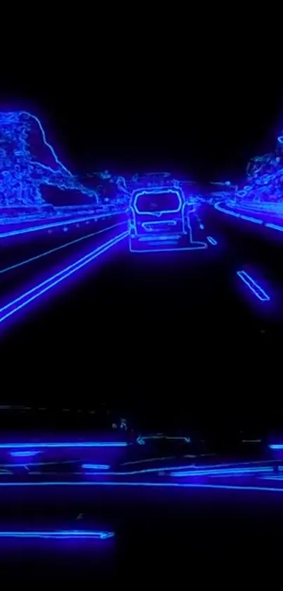 Futuristic neon road with glowing blue lines.