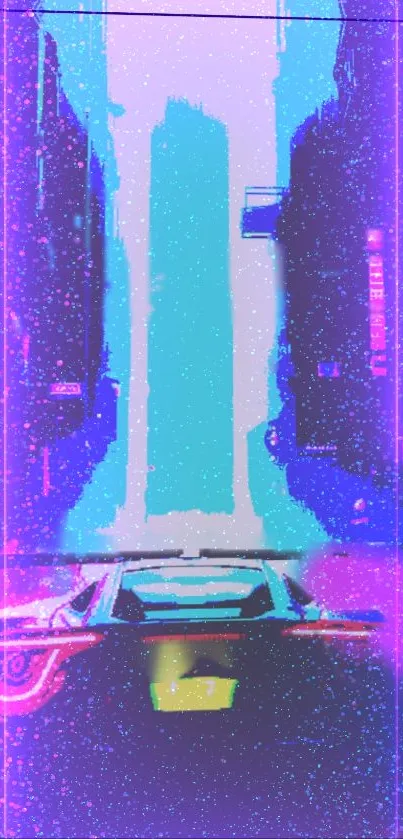 Futuristic neon cityscape with car.