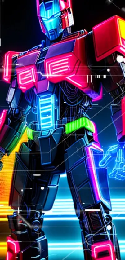 Futuristic neon robot with colorful lights and details.