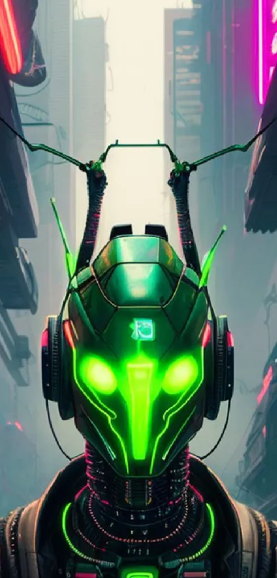 Futuristic neon green robot in cyberpunk cityscape.