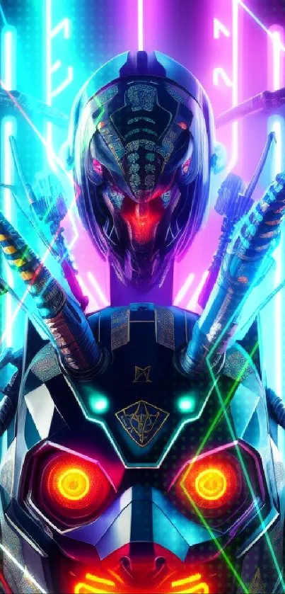 Futuristic neon robot with glowing eyes and cybernetic features.