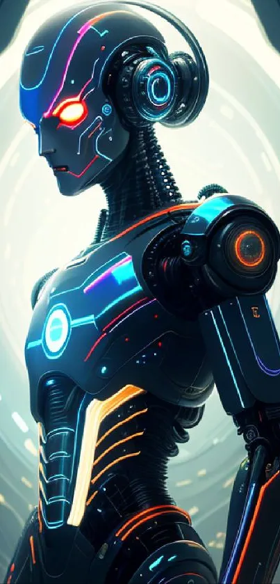 Futuristic neon robot with glowing lights in a high-tech design.