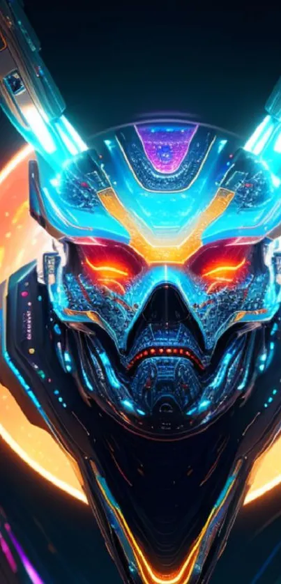 Futuristic neon robotic head with vibrant colors and glowing effects.