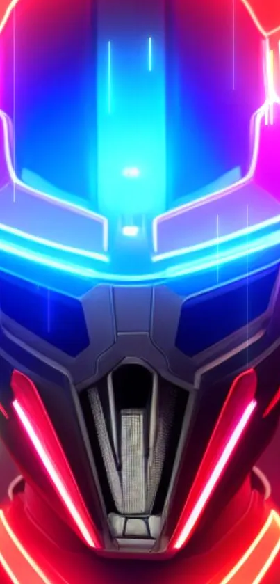 Futuristic neon robot helmet with blue, pink, and red highlights.