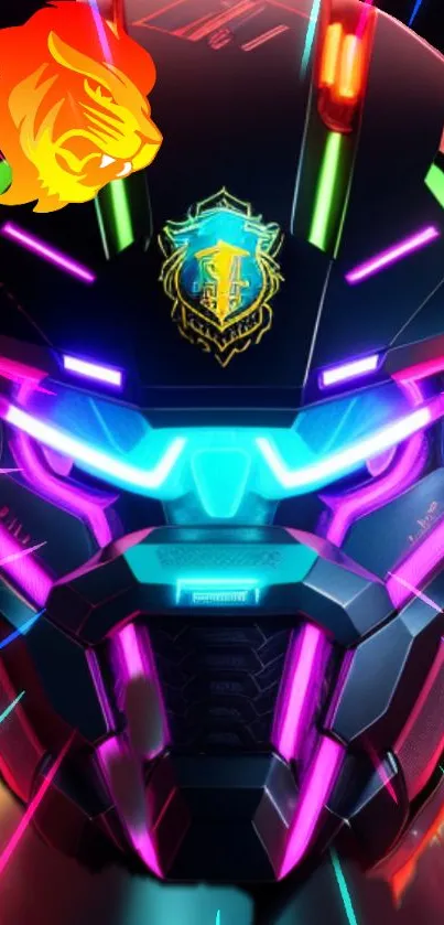 Futuristic robot helmet with neon lights.