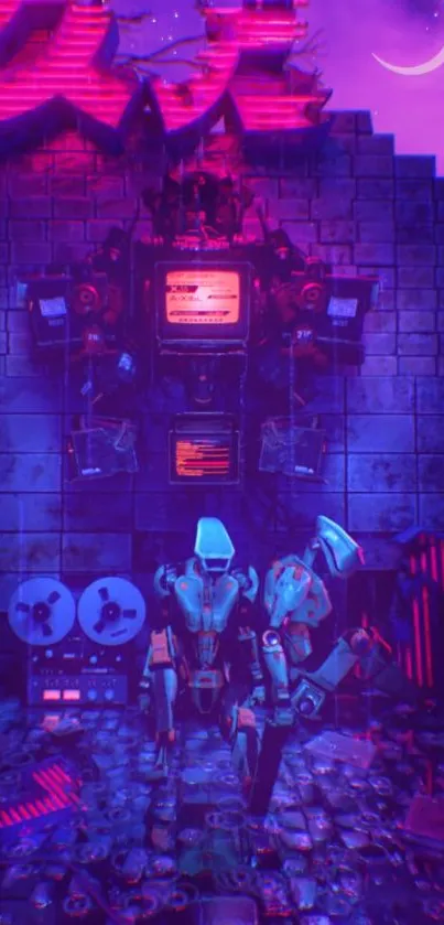 A digital robot in a neon-lit cyberpunk background.