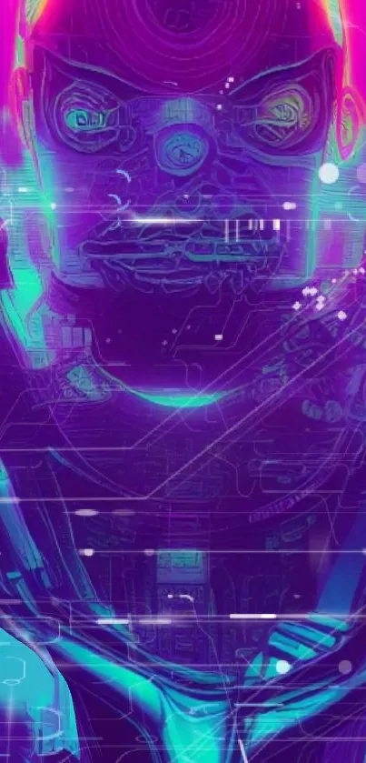 Futuristic neon robot wallpaper with vibrant purple hues.