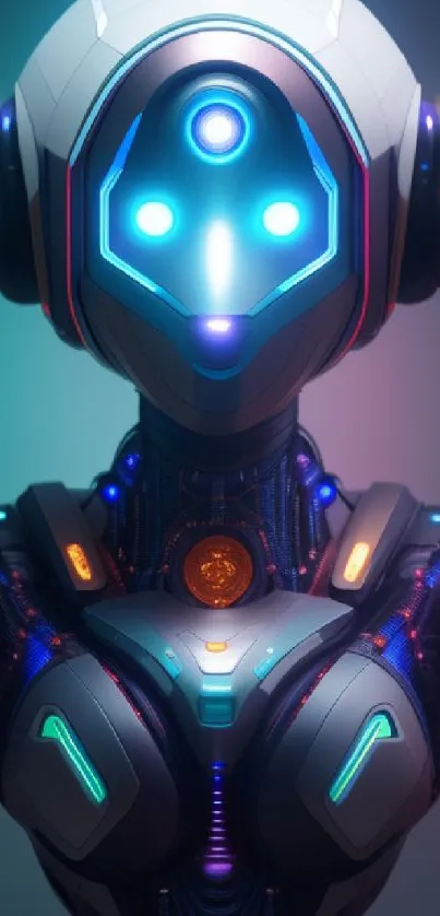 Futuristic neon-lit robot wallpaper, tech-driven design.