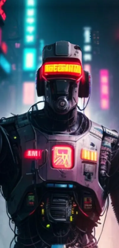 Futuristic robot with neon lights in cyberpunk city scene.