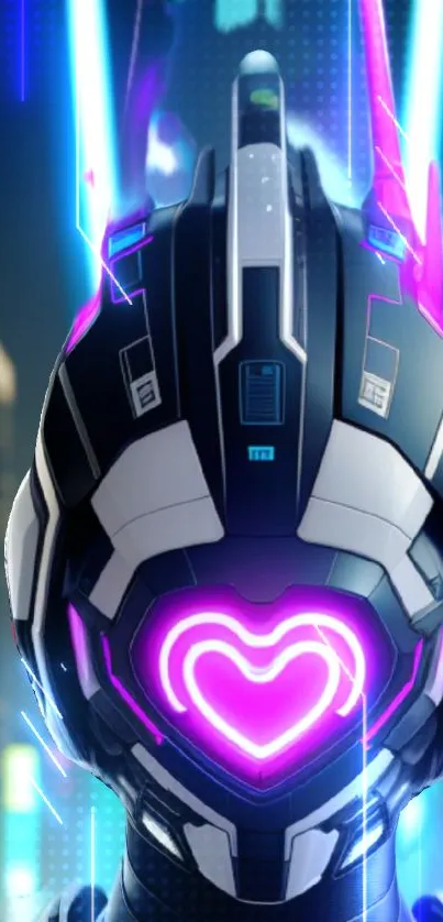 Futuristic neon robot with heart design glowing in vibrant colors.