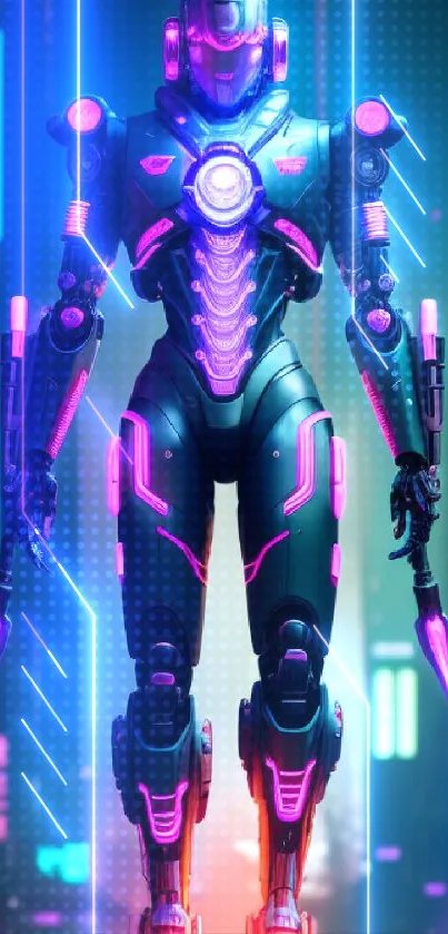 Futuristic neon robot with glowing lights.