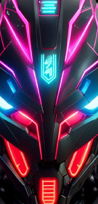 Futuristic neon robot with glowing lights and vibrant colors on a black background.